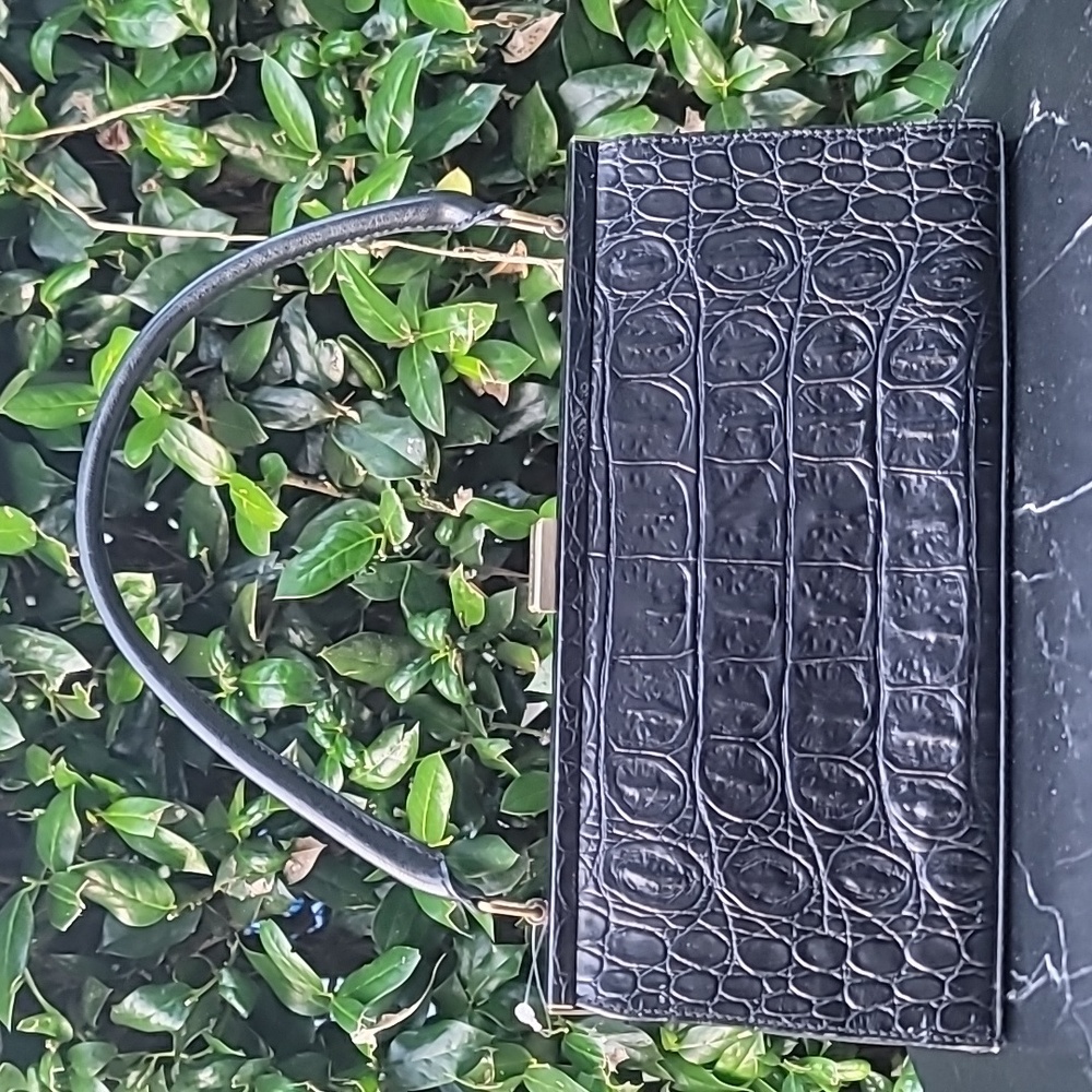 Vintage Franco Sarto Black Embossed Satchel Handbag Shoulder Purse -
